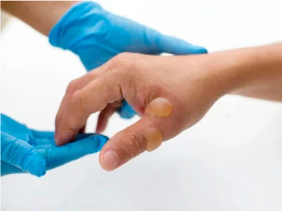 Médico evalúa ampollas por quemadura en mano para curación avanzada de heridas y manejo de quemaduras