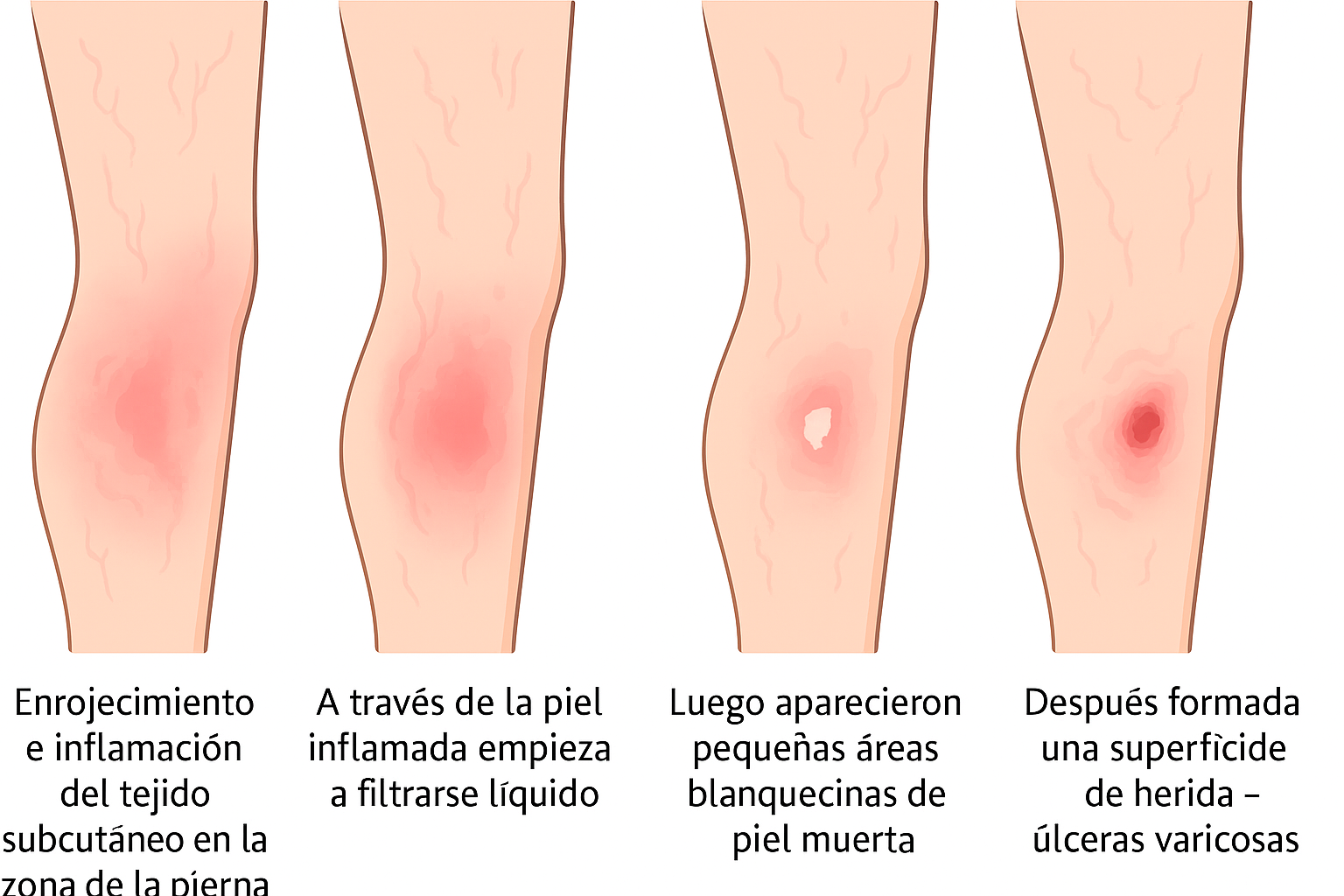 Progresión de úlcera varicosa: enrojecimiento, exudado, piel muerta y herida abierta en la pierna.