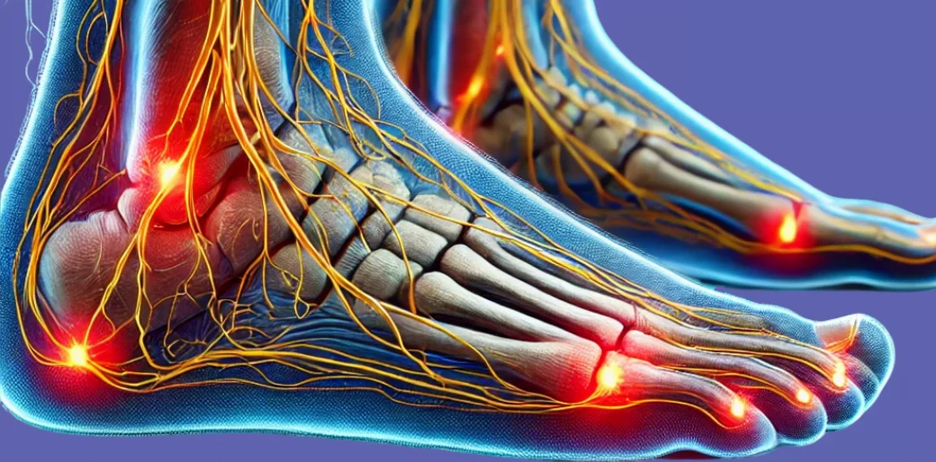 Pies con red nerviosa y huesos, mostrando puntos de dolor intenso por neuropatía diabética.