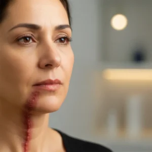 Mujer con cicatriz queloide en el cuello, antes del tratamiento médico avanzado en Skin Medical