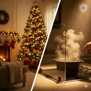 Niño cerca de árbol de navidad con precaución para evitar quemaduras en Navidad