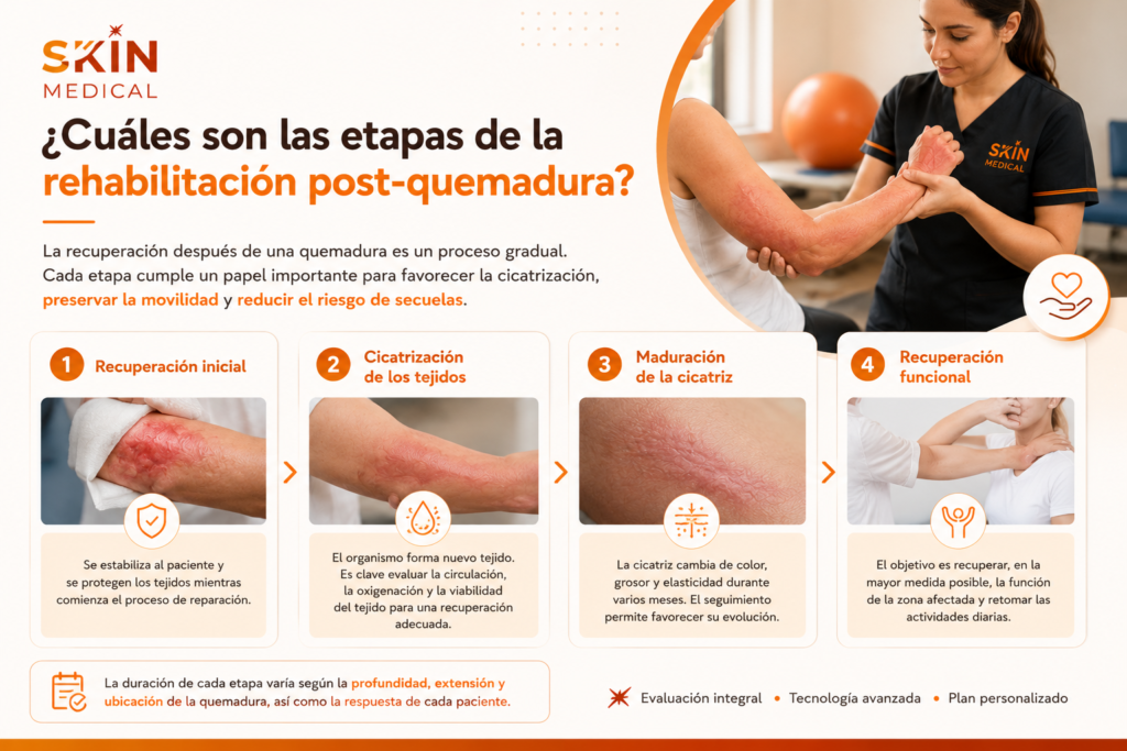 ¿Cuáles son las etapas de la rehabilitación post-quemadura?
