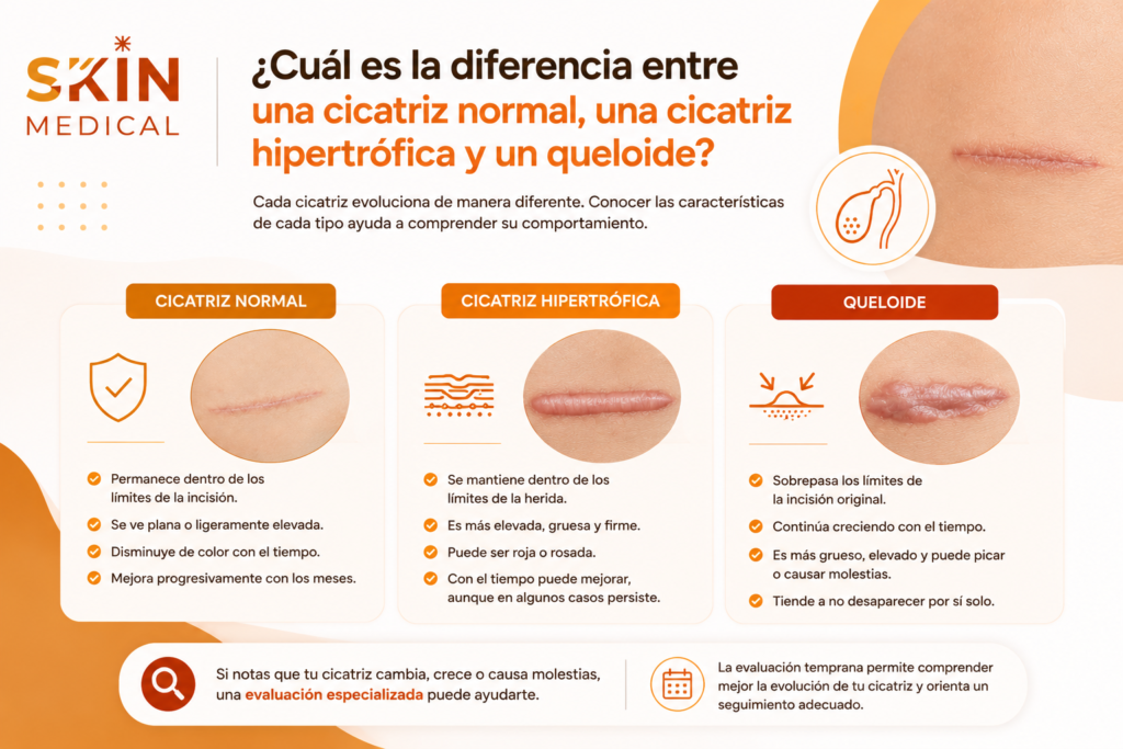 ¿Cuál es la diferencia entre una cicatriz normal, una cicatriz hipertrófica y un queloide?