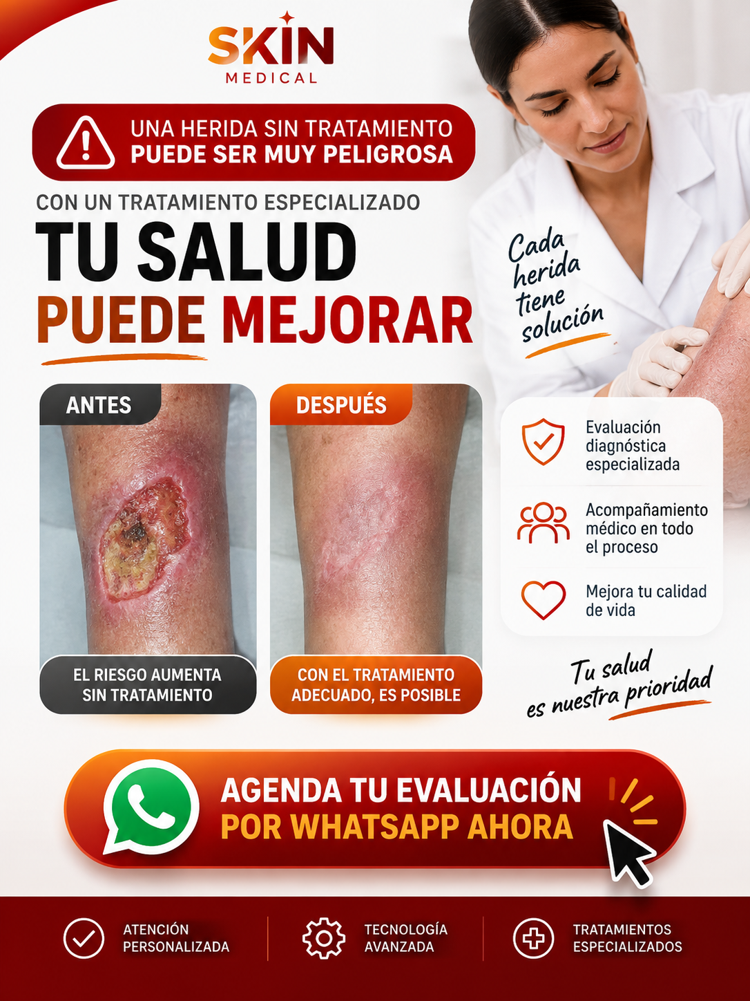 Evaluación especializada para heridas en Skin Medical. Agenda por WhatsApp.