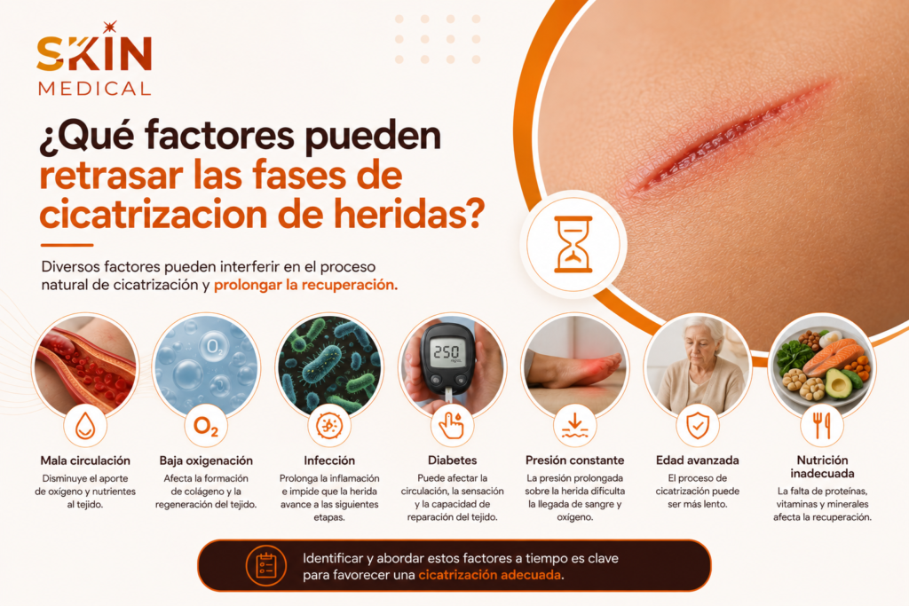 ¿Qué factores pueden retrasar las fases de cicatrizacion de heridas?