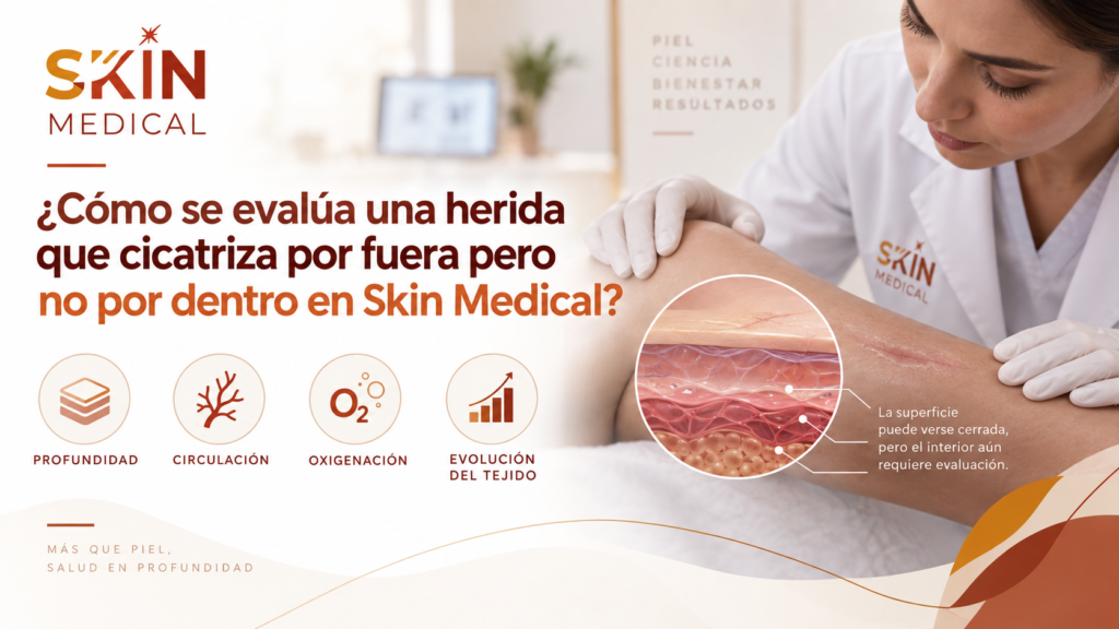 ¿Cómo se evalúa una herida que cicatriza por fuera pero no por dentro en Skin Medical?
