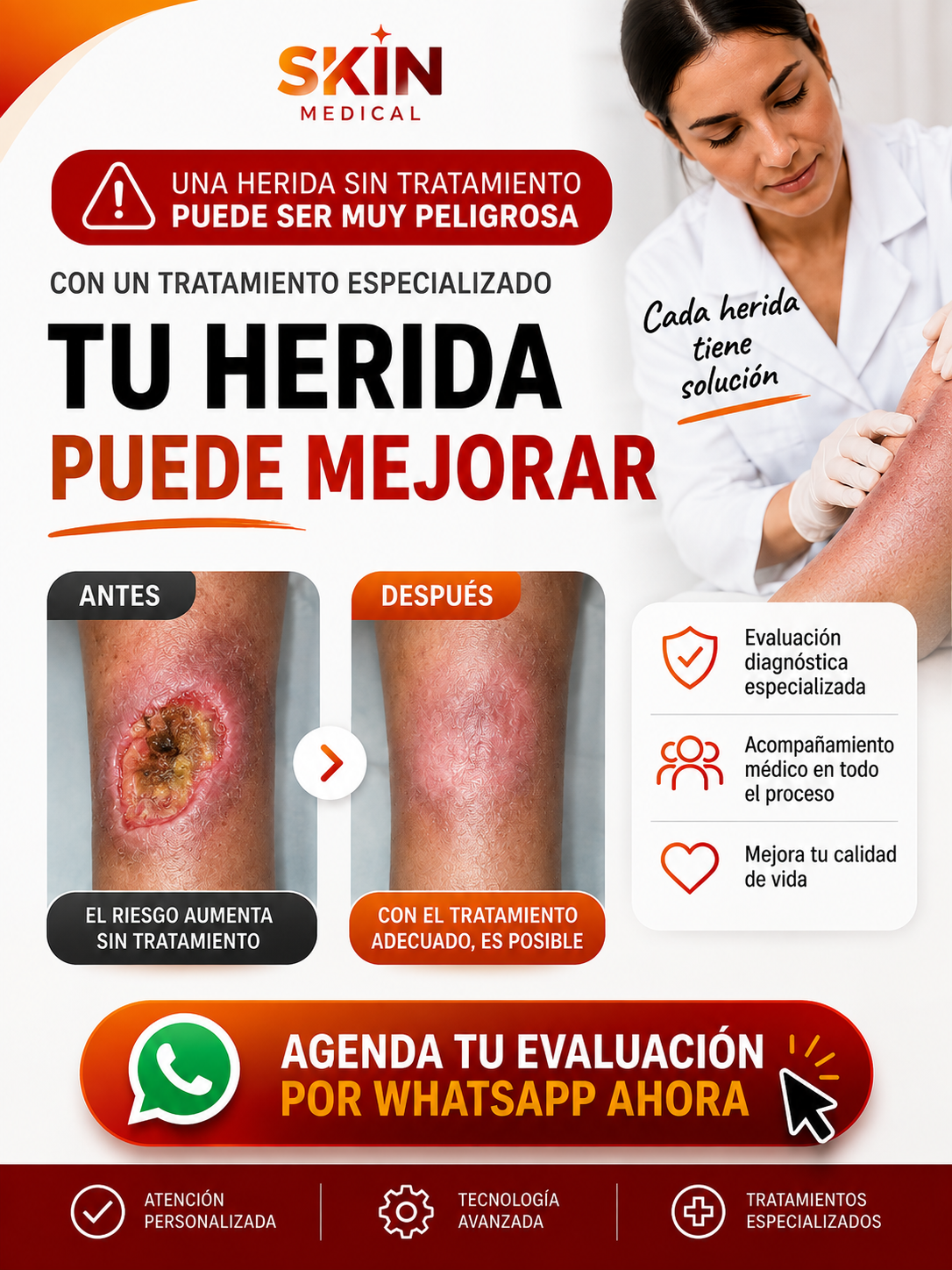 Evaluación especializada para heridas en Skin Medical. Agenda por WhatsApp.