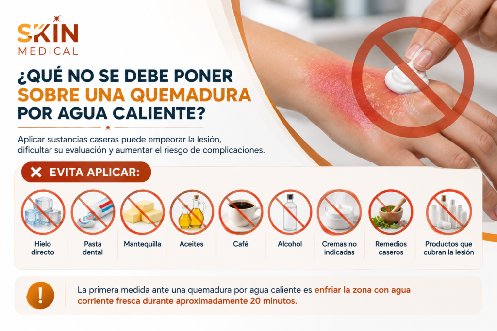 ¿Qué no se debe poner sobre una quemadura por agua caliente?