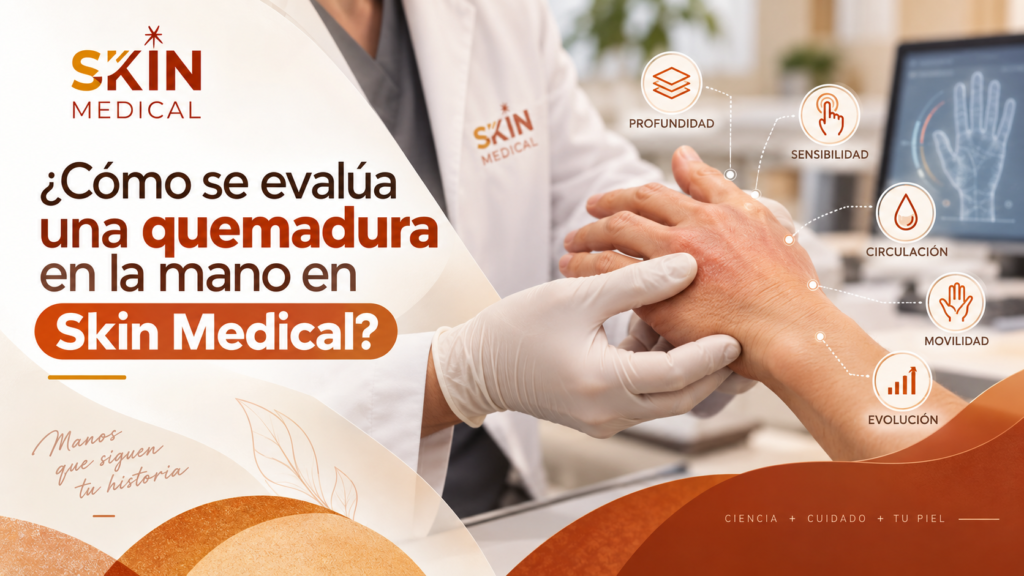 ¿Cómo se evalúa una quemadura en la mano en Skin Medical?