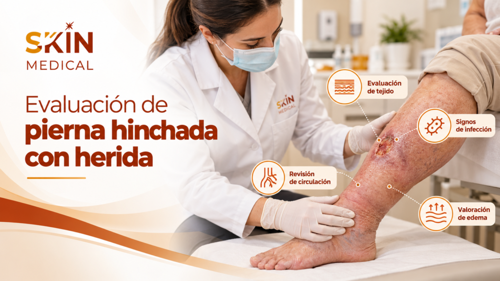 ¿Cómo se evalúa una pierna hinchada con herida en Skin Medical?