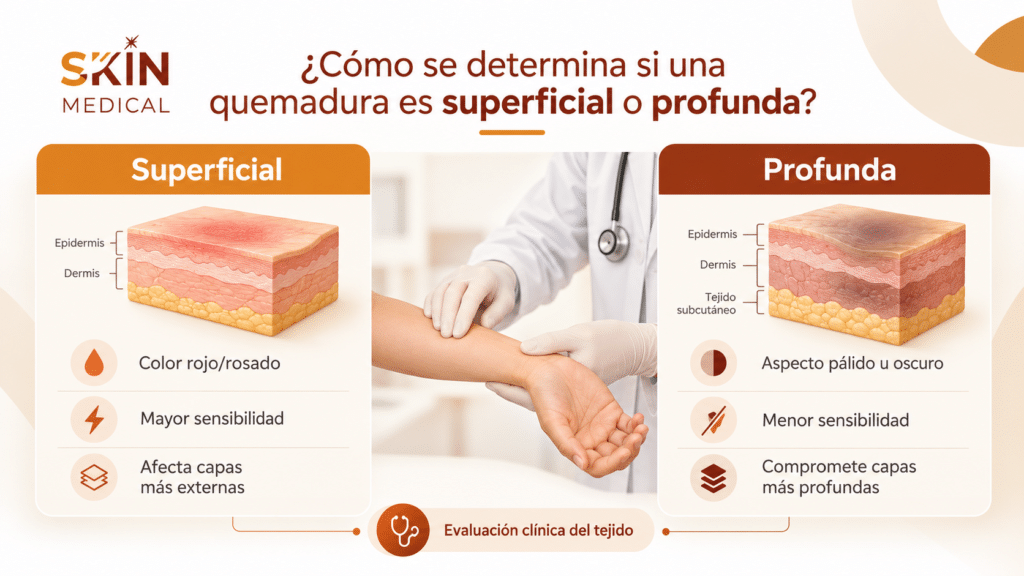 ¿Cómo se determina si una quemadura es superficial o profunda?