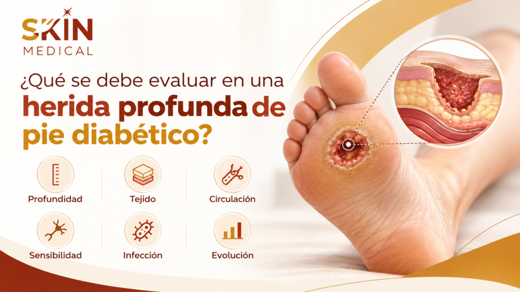 ¿Qué se debe evaluar en una herida profunda de pie diabético?