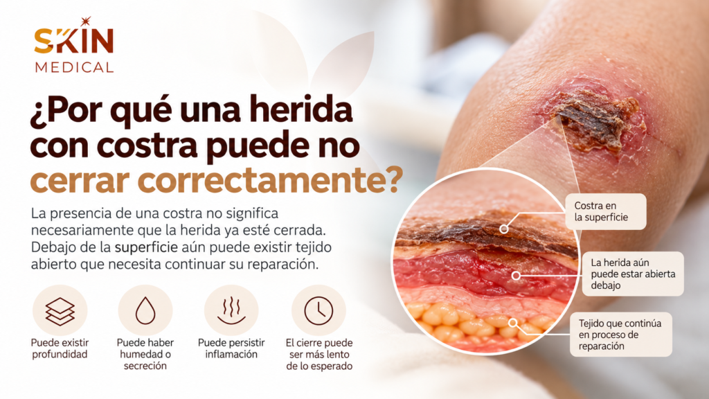 ¿Por qué una herida con costra puede no cerrar correctamente?