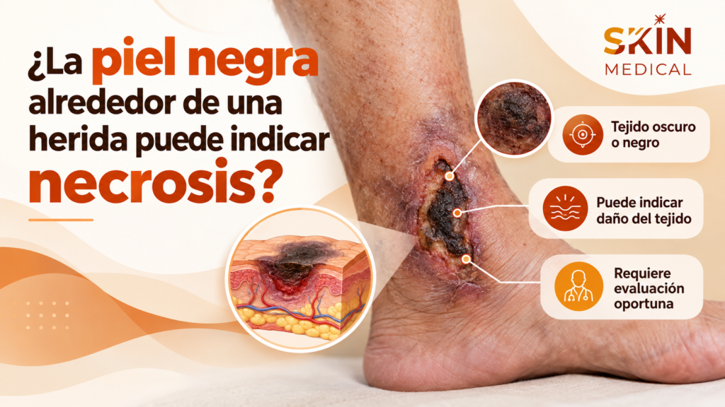 ¿La piel negra alrededor de una herida puede indicar necrosis?