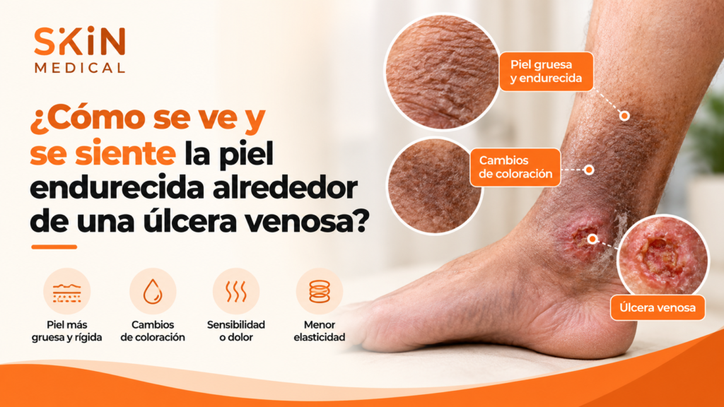 Piel endurecida y ulcerada en tobillo.